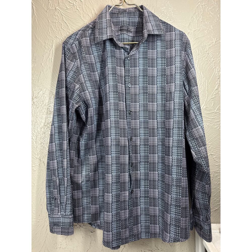 Tasso Elba Men's Black Blue Dobby Woven Button‎ Down Plaid Shirt Size Medium